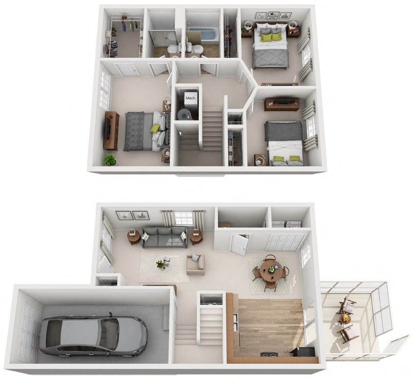Floor plan for 3 beds, 2.5 baths, 1245 sqft